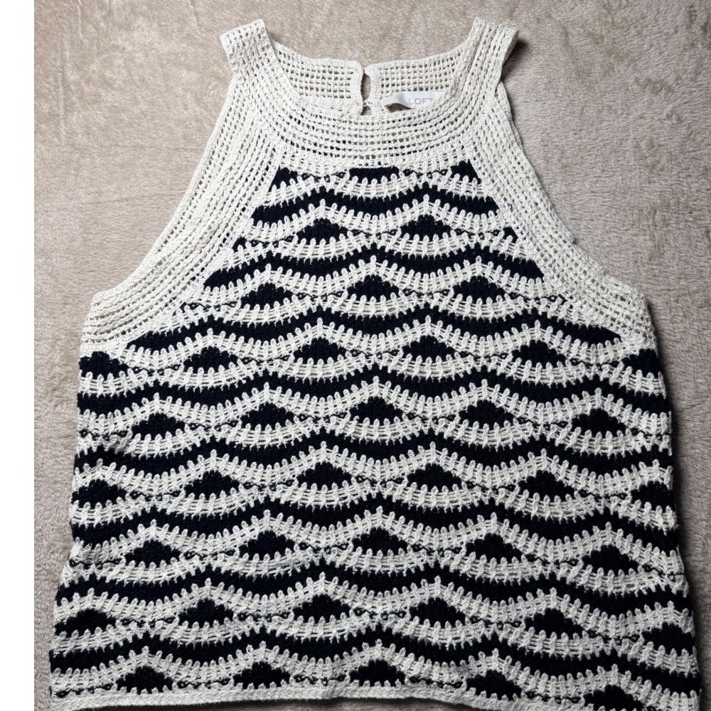 LOFT Womens Medium Crochet Knit Halter Top Black White Scallop Wave Summer Beach